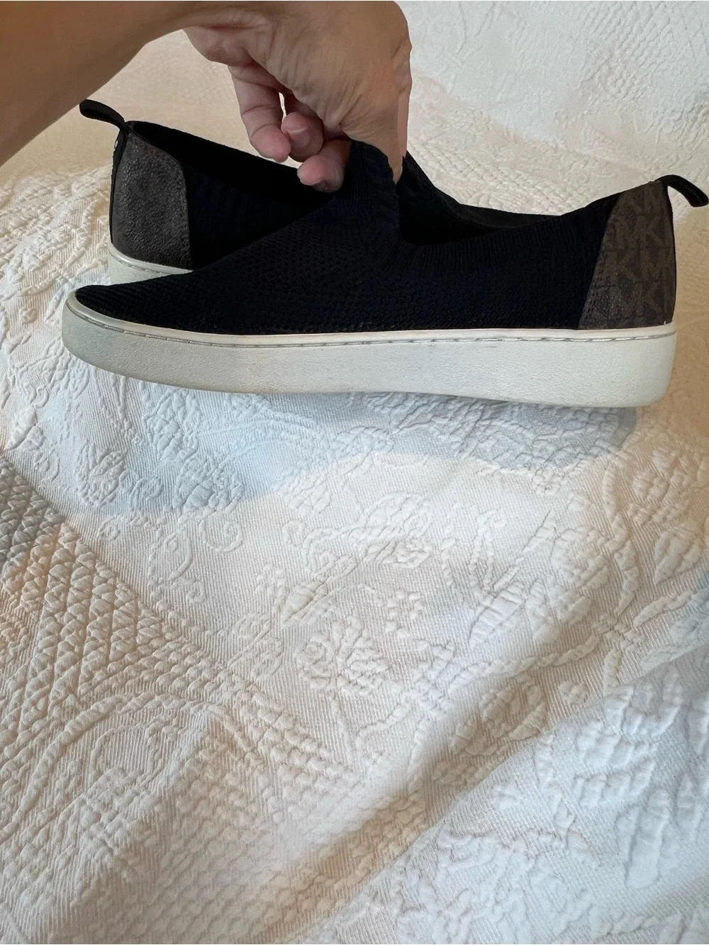 💙 Michael Kors Juno Black Slip-On Sneakers Signature MK Pattern on Heel 7.5